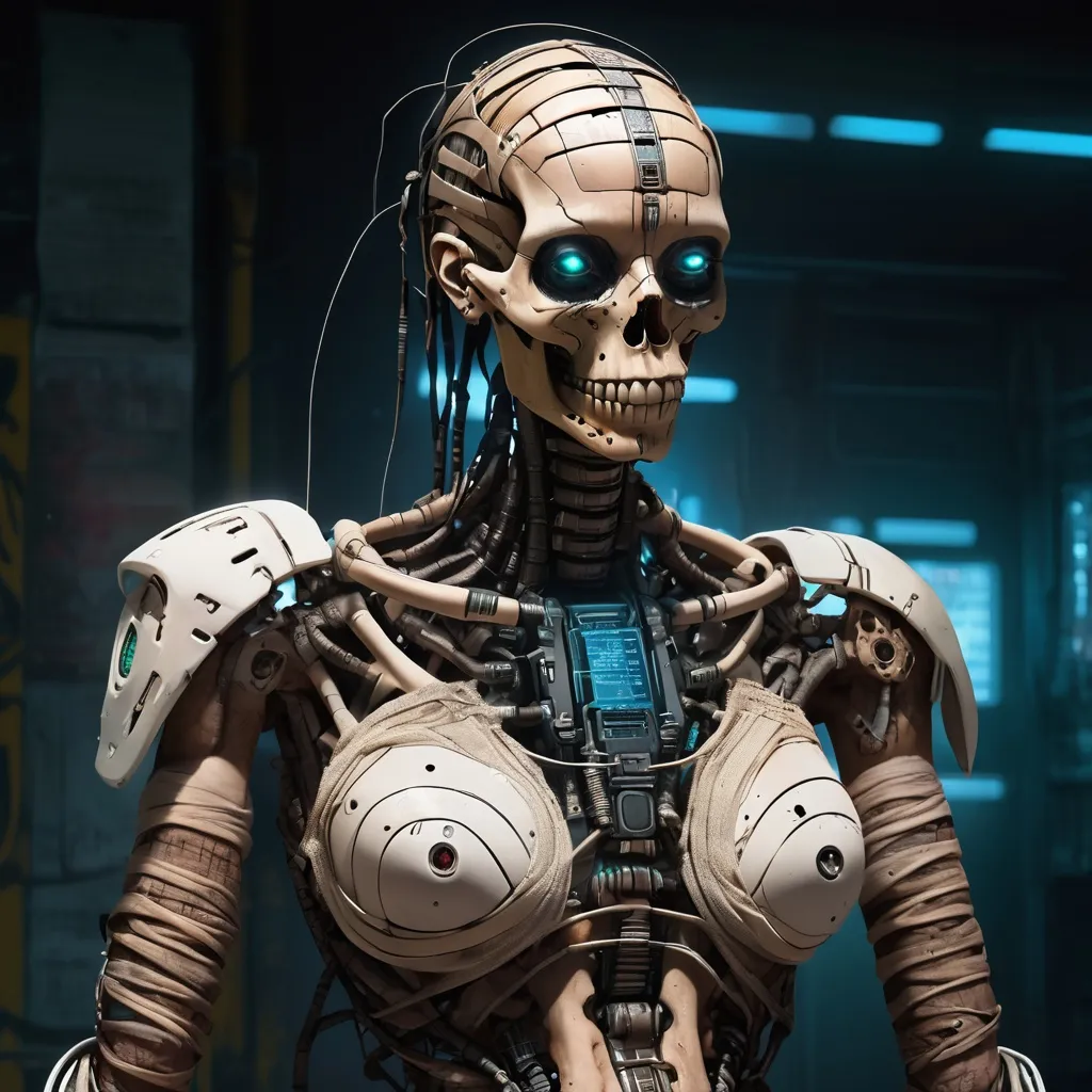 Prompt: cyberpunk mummy, technological modifications, in full view