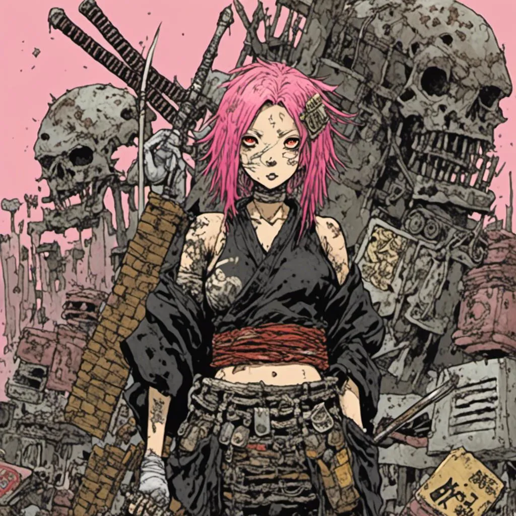 Prompt: Japanese samurai girl, pink hair, bandana face mask, kimono, sword, junkyard background, in <mymodel> style