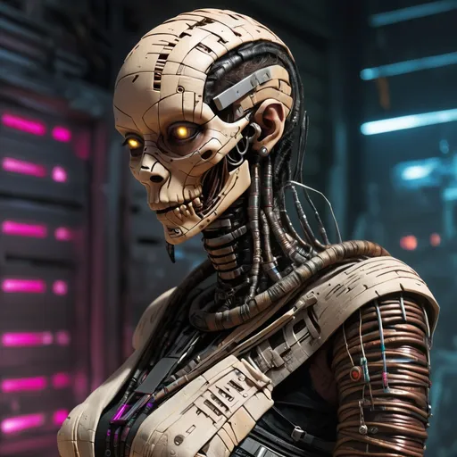 Prompt: cyberpunk mummy, technological modifications