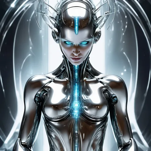 Prompt: liquid metal cyber hacker spiritual cult, aethereal, futuristic, technology, luminescence