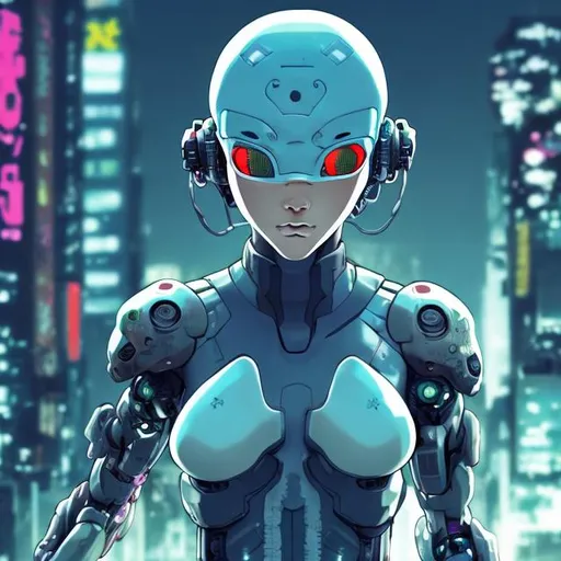 Prompt: ghost in the shell inspired, cyborg girl, bald head, goggles, dynamic pose, urban setting
