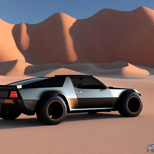 Prompt: photorealistic futuristic car designed for desert travel based on a 1984 camaro zl1, matte black