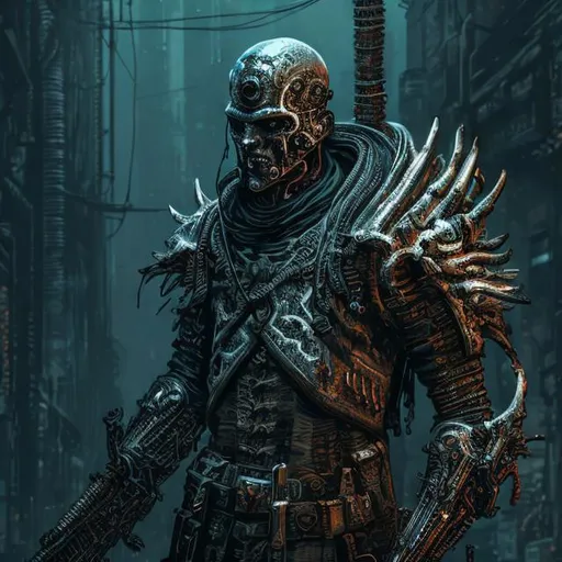 Prompt: Detailed cyberpunk and Elden Ring style illustration of a male figure, evil,  intricate armor and weaponry, dark and gritty atmosphere, highres, ultra-detailed, cyberpunk, Elden Ring, detailed armor, intense expression, futuristic setting, dark tones, atmospheric lighting