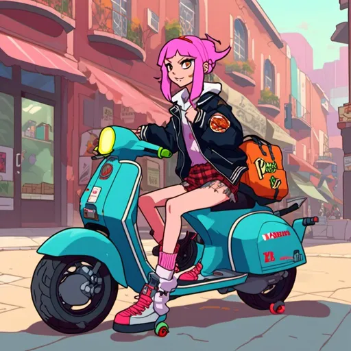 Prompt: pizza delivery girl, with pink hair, wearing an oversized bomber jacket, next to a Vespa <mymodel> 