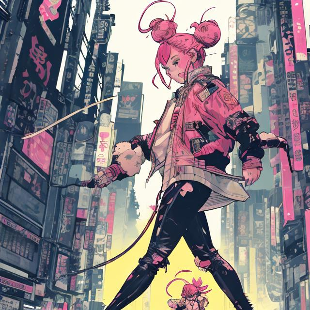 Prompt: illustration of a young woman with pink hair in two pigtails, comic style ((tokyo ghost, sean murphy)), yellow bomber jacket, black combat boots, dynamic pose, detailed, stylized, 3d urban background