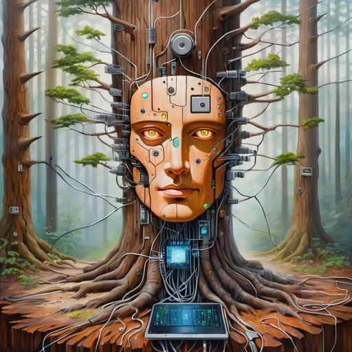 Prompt: fusion of nature and technology, a painting of a technology inspired tree in a forest, cables, wires, diodes, connected to the earth, male robotic face, bark, wood, chrome, metal