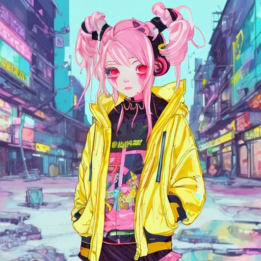 Prompt: illustration of an anime girl in a clear yellow jacket, pink hair with two pigtails, highly stylized, best quality, ruined urban background