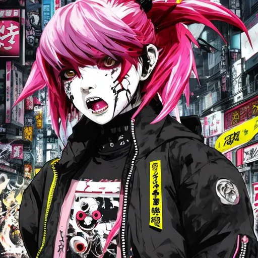 Prompt: Tokyo Ghoul-style illustration of a badass woman, vibrant pink hair with bangs, dual pigtails, wearing a stylish yellow bomber jacket and tough combat boots, dynamic action pose, urban Tokyo setting with a dark, gritty atmosphere, detailed facial features with intense look, high quality, action-packed, vibrant colors, urban, detailed hair, intense gaze, stylish design, professional, dramatic lighting