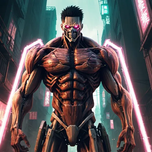 Prompt: well-lit digital artwork of cyberpunk Titan, Attack on Titan