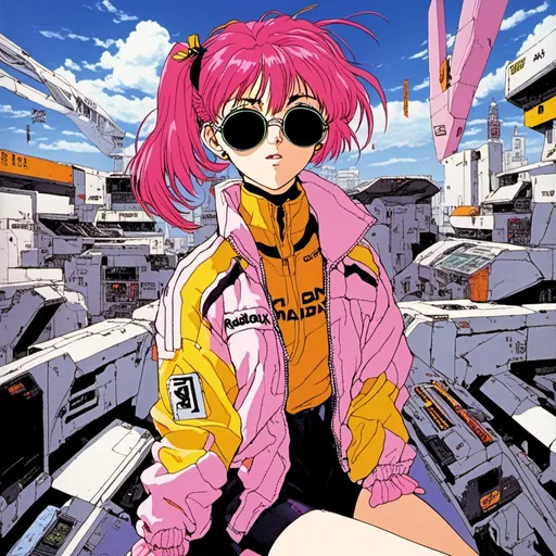 Prompt: young woman, pink hair, round sunglasses, yellow oversized bomber jacket<mymodel>