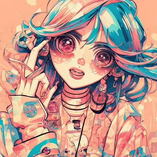 Prompt: Highly stylized comic art of a Harajuku girl, vibrant and colorful, cute and playful expression, street fashion, peach momoko art style, vibrant colors, detailed linework, playful and lively atmosphere, professional art quality, cute