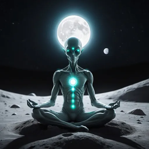 Prompt: An luminous alien meditating on a lunar surface, ethereal vibe
