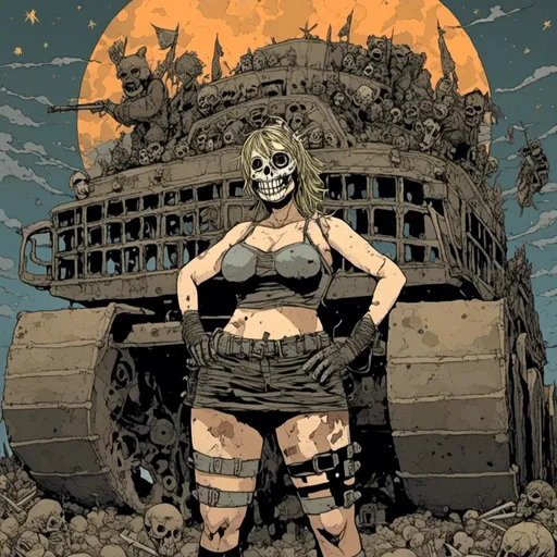 Prompt: large strong woman wearing a skull mask and short dress, muscular, nighttime setting, military vehicles background, in <mymodel> style