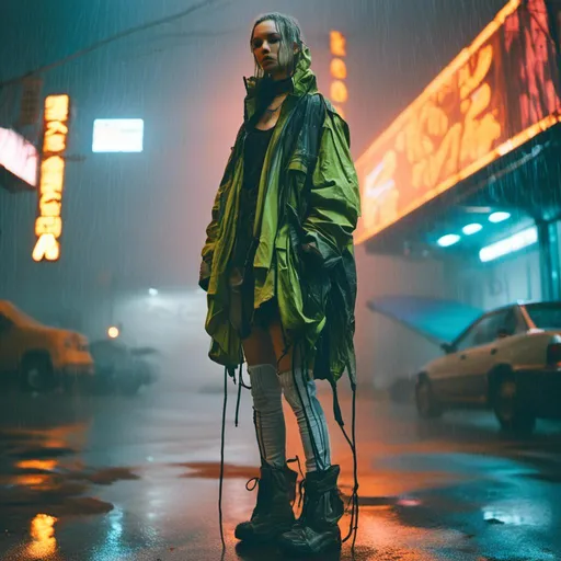 Prompt: <mymodel>sad woman standing in the rain, neon city street, futuristic fashion, cyberpunk aesthetic