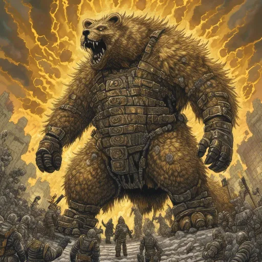 Prompt: <mymodel>Heroic ursine-like demigod, digital art, majestic fur with golden highlights, towering physique, radiant golden divine aura, epic battle scene, mythical fantasy, high quality, epic fantasy, majestic, divine glow, powerful stance, heroic, golden fur, ultra-detailed, digital painting, vibrant colors, dramatic lighting