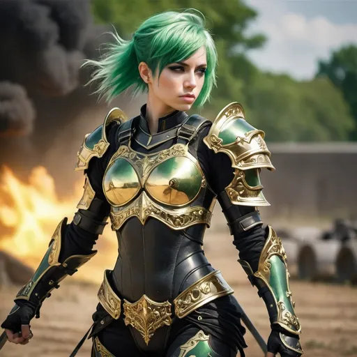 Prompt: Angelic warrior with gold and black armor, female, green hair, badass, battlefield setting