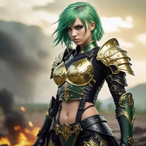 Prompt: Angelic warrior with gold and black armor, female, green hair, badass, battlefield setting