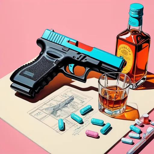 Prompt: fine line drawing, table with a glock pistol on it, a bottle of whiskey, and pills, vivid pastel color scheme