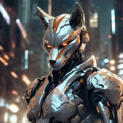 Prompt: Cyborg warrior with fox-shaped armor, metallic sheen, futuristic urban setting, intense and focused gaze, high-tech details, detailed metallic textures, cybernetic enhancements, cool tones, atmospheric lighting, best quality, ultra-detailed, sci-fi, cyberpunk, fox-shaped armor, futuristic, intense gaze, high-tech details