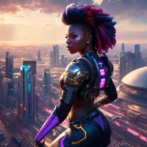 Prompt: full view, full body view, view from above, a portrait of side view of a futuristic woman hero character looking over a stadium, dark skin, multicolor hair, realistic pose, cute composition, pastel color scheme, stunning, vibrant, 8k resolution,  WLOP, dynamic lighting, hyperdetailed, intricately detailed, Unreal Engine 5, volumetric lighting