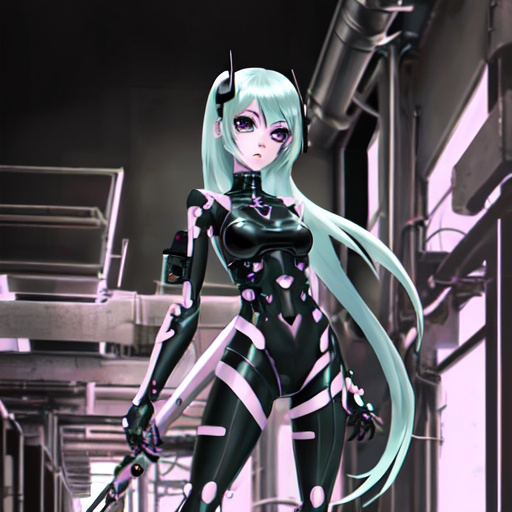 Prompt: anime pastel cyborg goth warrior, factory background, fine line 