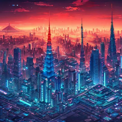 Prompt: Futuristic cityscape with a large pyramid surrounded by towering skyscrapers, aerial view, bustling urban life, urban decay, neon signs, tokyo, neo-tokyo, cyberpunk, highres, ultra-detailed, futuristic, dynamic angles, atmospheric lighting