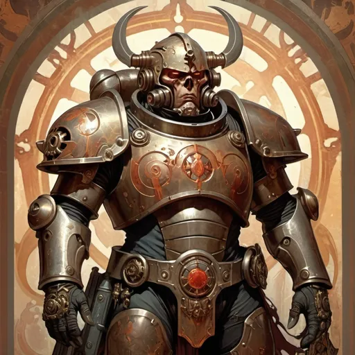 Prompt: demonic space marine character, tarnished armor, advanced technology