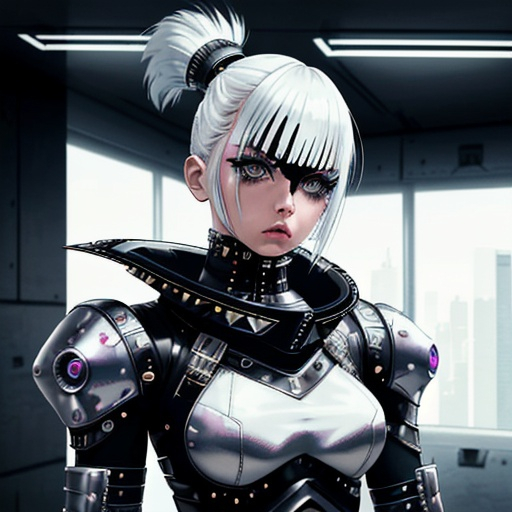 Prompt: Punk rock space warrior girl, lunar landscape, futuristic style, armor with punk rock accessories, edgy white hairstyle, highres, best quality, futuristic, detailed armor, intense expression, edgy hairstyle, professional, futuristic apartment setting