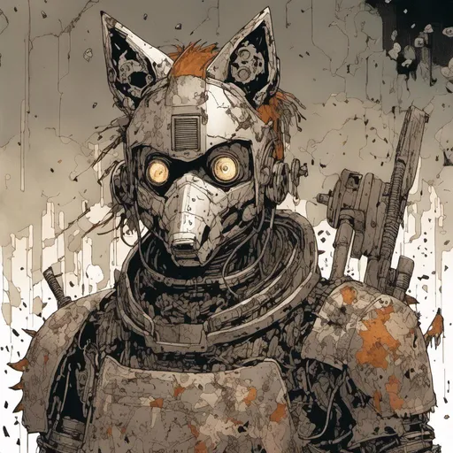Prompt: Anime illustration of a cyborg with a metallic fox-shaped helmet and armor, junkyard setting, <mymodel> style, rusty metallic tones, scattered debris, intense and focused gaze, detailed mechanical parts, high-tech cybernetic enhancements, atmospheric lighting