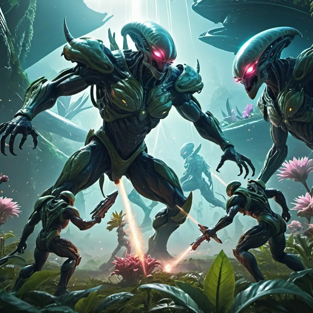 Prompt: Epic fantasy scene of futuristic warriors fighting a cosmic godlike creature, lush alien flora, high-tech weaponry, mystical energy effects, ultra HD detail, fantasy art, dynamic lighting, futuristic, alien flora, high-tech weaponry, cosmic godlike creature, mythical energy effects, epic fantasy, dynamic lighting