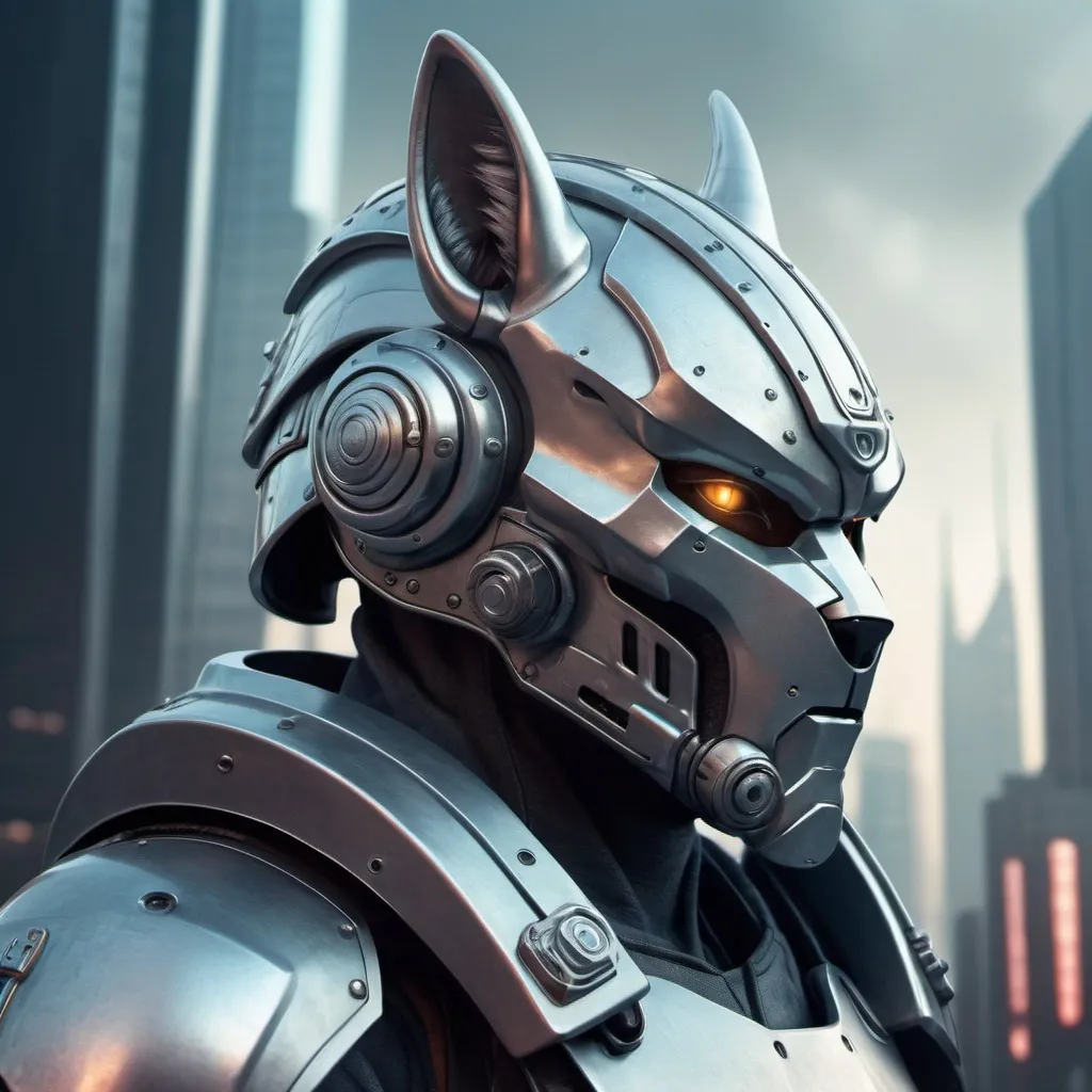 Prompt: Futuristic illustration of a foot soldier, metallic wolf-shaped helmet with large horns, sci-fi armor, intense and focused gaze, high-tech weaponry, detailed metallic textures, cool tones, futuristic cityscape in the background, highres, ultra-detailed, sci-fi, futuristic, detailed helmet, high-tech armor, cool tones, atmospheric lighting