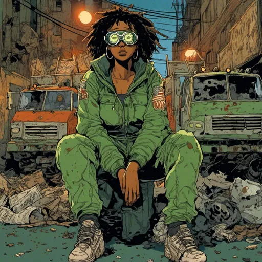 Prompt: young African American woman, wearing a green jumpsuit, wearing goggles, tough and imposing, nighttime setting, garbage truck background, in <mymodel> style