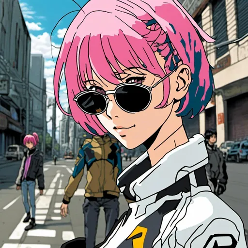 Prompt: <mymodel>young woman with pink hair, round sunglasses, urban street setting, urban fashion, trendy