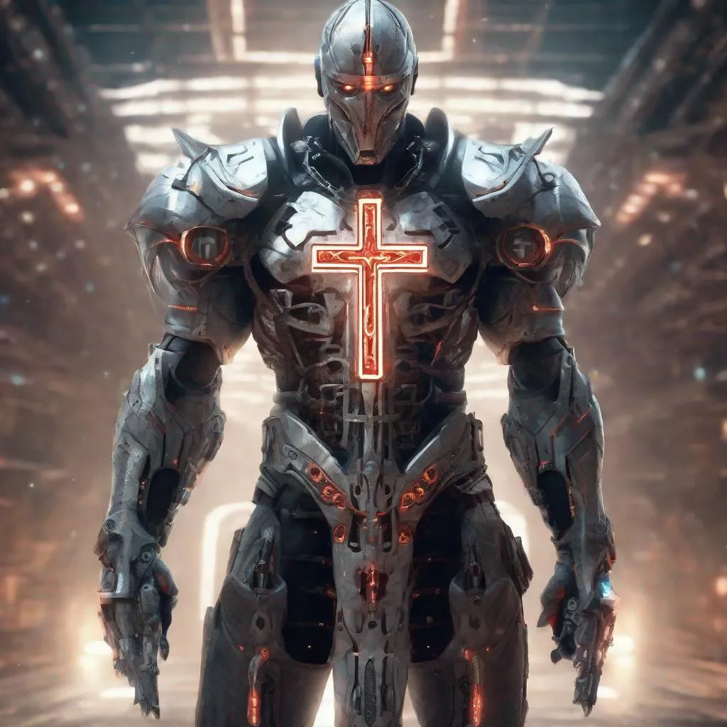 Prompt: realistic templar cyborg in a futuristic arena, glowing cross on chest, energy sword, highres, intricate detail