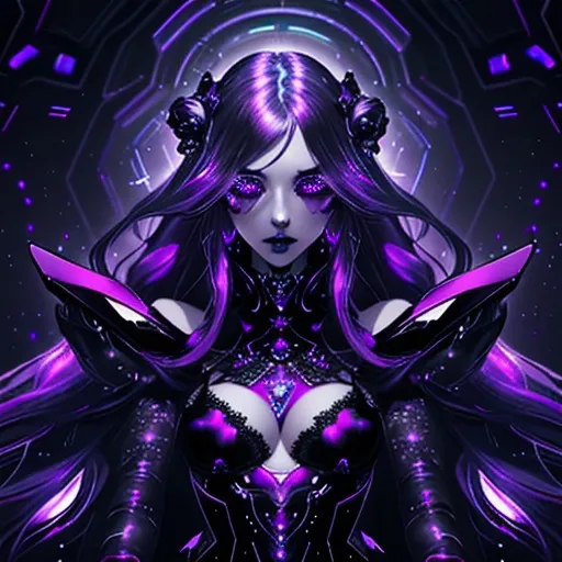 Prompt: Emo space princess, indoor setting, digital art, holographic throne, futuristic gothic aesthetic, ethereal and moody lighting, purples and blacks, detailed lace and velvet textures, long flowing hair, piercing gaze, cosmic background, galaxy-inspired makeup, best quality, highres, digital art, gothic, futuristic, ethereal lighting, detailed textures, cosmic vibes