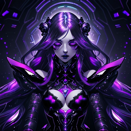 Prompt: Emo space princess, indoor setting, digital art, holographic throne, futuristic gothic aesthetic, ethereal and moody lighting, purples and blacks, detailed lace and velvet textures, long flowing hair, piercing gaze, cosmic background, galaxy-inspired makeup, best quality, highres, digital art, gothic, futuristic, ethereal lighting, detailed textures, cosmic vibes