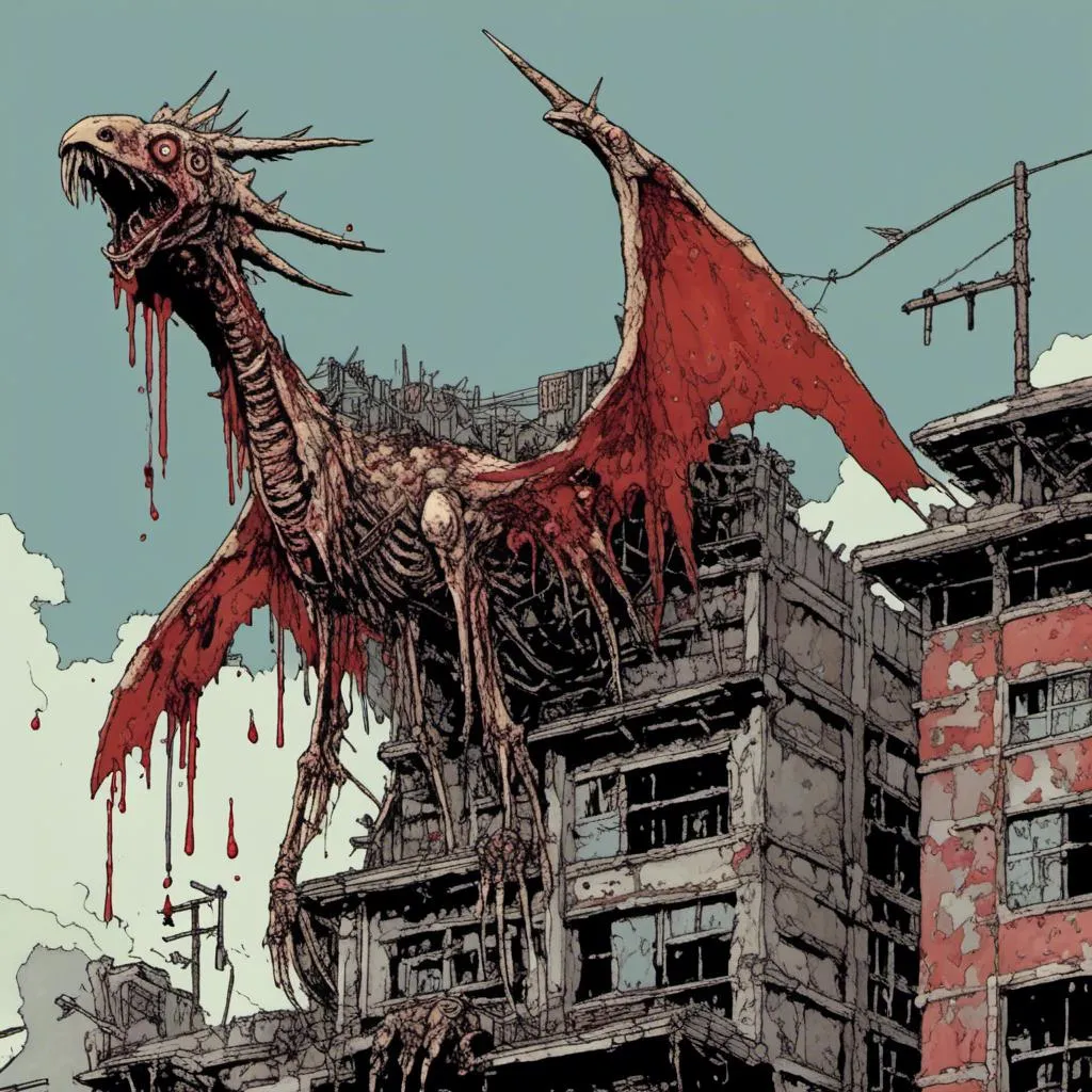 Prompt: giant pterodactyl-like creature covered in blood, perched on a building, in <mymodel> style