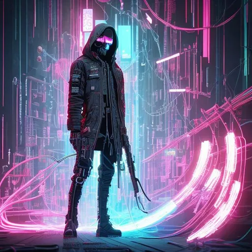 Prompt: illustration of a cyberpunk male grim reaper, full body view, comic style ((tokyo ghost, sean murphy)), skeletal cyborg, technology, wires, cords, hooded, slim, cute, highly stylized artstyle, abstract atmospheric background, wide view, digital illustration, extreme long shot, telephoto lens, cute art style, motion blur, wide angle lens, deep depth of field, pastel color scheme