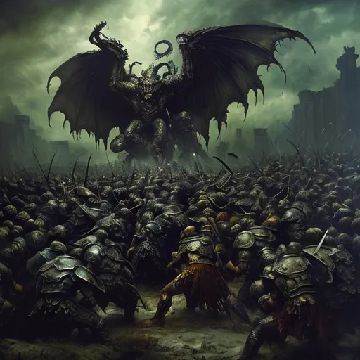 Prompt: Warriors battling an elder god, oil painting, epic battle scene, high quality, dark fantasy, intense lighting, dramatic shadows, detailed armor and weapons, mythical creatures, ominous atmosphere, ancient ruins, powerful and dynamic composition, mystical color palette, dynamic and intense, larger than life, oil painting, epic battle, high quality, dark fantasy, intense lighting, dramatic shadows, detailed armor, mythical creatures, ominous atmosphere, ancient ruins, mystical color palette