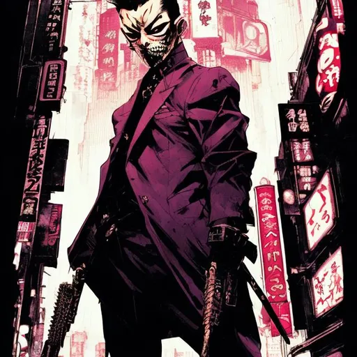 Prompt: goth yakuza boss, comic style ((tokyo ghost, sean murphy)), wearing mask, suit and tie, dynamic pose, detailed, Tokyo background, professional, highly stylized, detailed eyes, city lights, dynamic lighting, vibrant colors