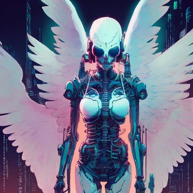 Prompt: illustration of an ethereal cyberpunk angel, comic style ((tokyo ghost, sean murphy)), vr headset, skeletal form, pastel goth, dynamic pose, detailed, stylized, 3d rendered background