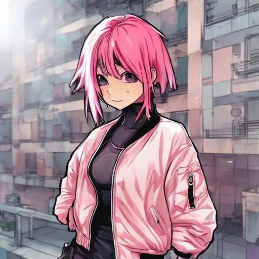 Prompt: manga artstyle, petite woman, action hero, with pink hair, oversized bomber jacket, bodysuit, cute pose, apartment complex setting