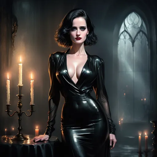 Prompt: full view, standing, full body view,  illustration of eva green in an eighties goth style, layers of darkness, subtle hints of color, symbolism, sensual, hidden, atmospheric, impressionistic, film noir, candle lit background, dynamic lighting, high quality, highly detailed