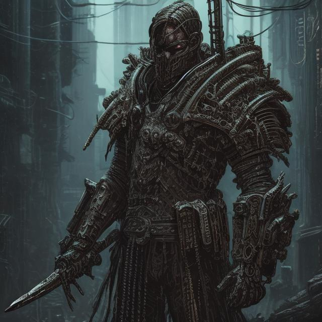 Prompt: Detailed cyberpunk and Elden Ring style illustration of a male figure, evil,  intricate armor and weaponry, dark and gritty atmosphere, highres, ultra-detailed, cyberpunk, Elden Ring, detailed armor, intense expression, futuristic setting, dark tones, atmospheric lighting