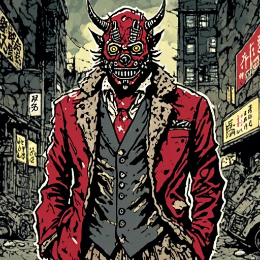 Prompt: small male gangster,  japanese oni mask, crimson suit, nighttime setting, urban background, in <mymodel> style