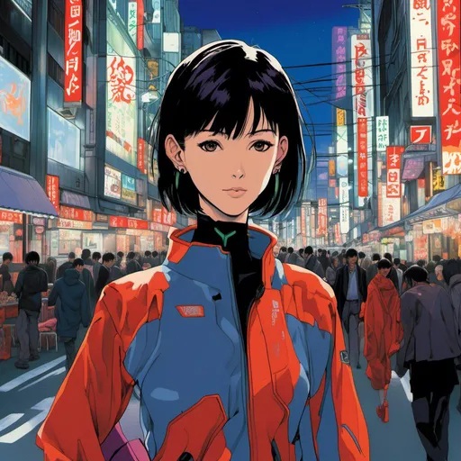 Prompt: Detailed, realistic illustration of a confident woman, standing on a bustling Tokyo street, vivid colors, urban, professional, detailed facial features, high-quality, realistic, <mymodel>, vibrant, city lights, modern fashion, urban setting, detailed background, realistic lighting