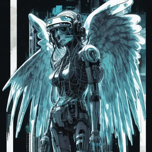 Prompt: illustration of an ethereal cyberpunk angel, comic style ((tokyo ghost, sean murphy)), vr headset, skeletal form, black t-shirt with graphic on it, pastel color scheme, ethereal glow, dynamic pose, detailed, stylized