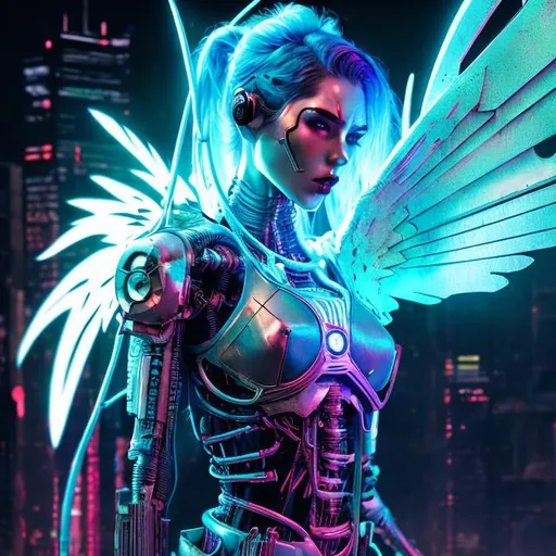 Prompt: Ethereal cyberpunk angel, comic book style, Grimes, skeletal form, dynamic pose, detailed, high definition, 3D rendering, Tokyo Ghost, Sean Murphy, highly stylized artwork, futuristic, urban, otherworldly glow, intense lighting, professional