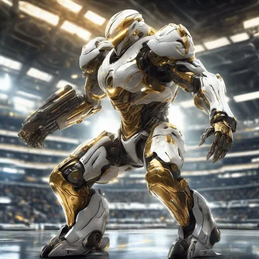 Prompt: Photorealistic illustration of a heroic pose, liquid metal mech suit, white and gold armor, weaponry, futuristic stadium setting, glowing internal core, high quality, futuristic, metallic sheen, heroic, detailed mechanics, stadium setting, stadium, liquid metal, glowing core, professional, realistic lighting