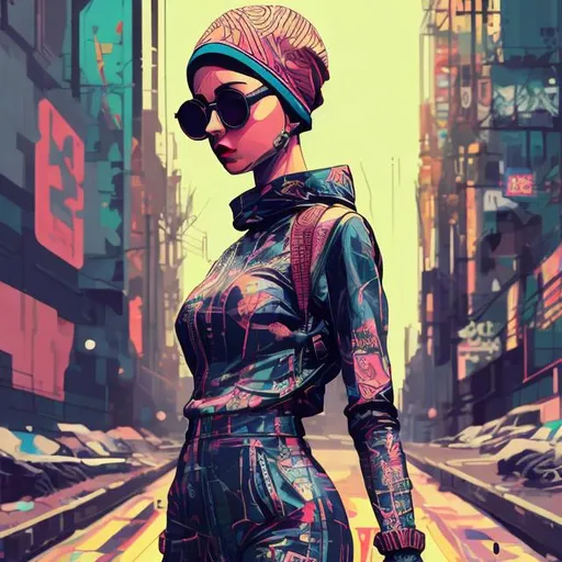 Prompt: full view, full body view, cute girl, bald, headwrap, sunglasses, suit, highly stylized, detailed illustration, intense colors, urban setting, digital art, high contrast, gritty urban, professional artwork